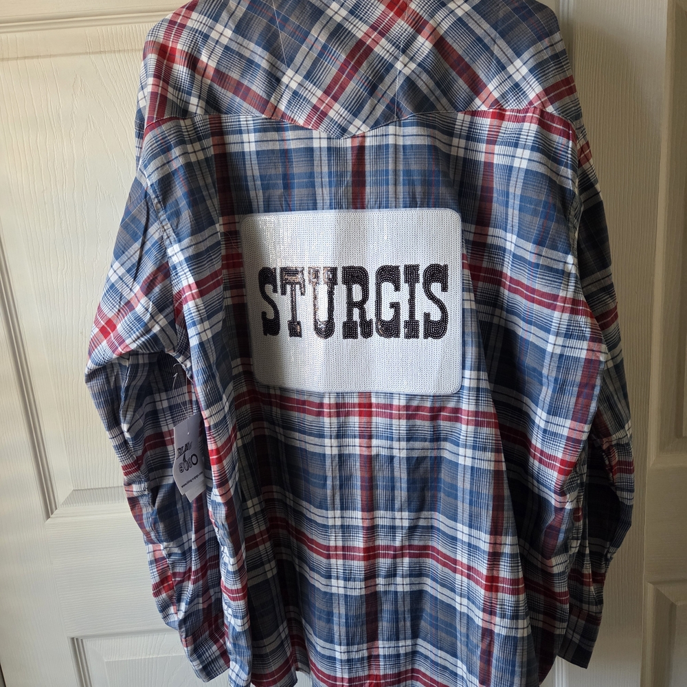 Blue and Red Plaid Button Down Shirt STURGIS on Back. New With Tags 2XL